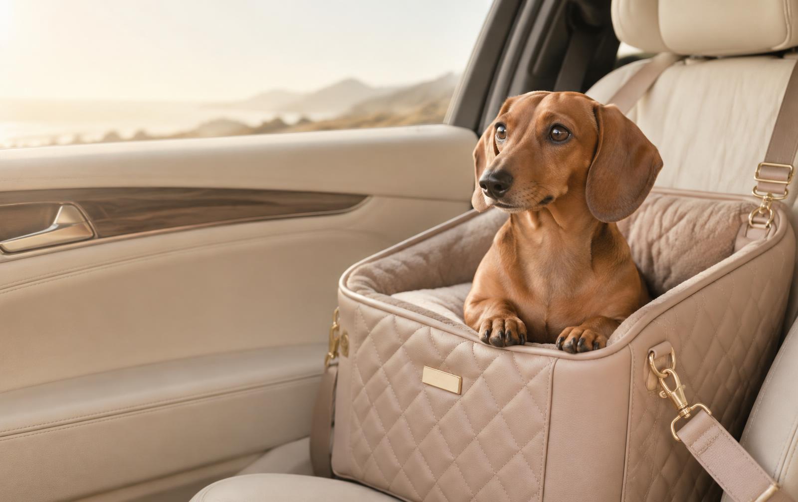 Dachshund in a quilted taupe booster seat